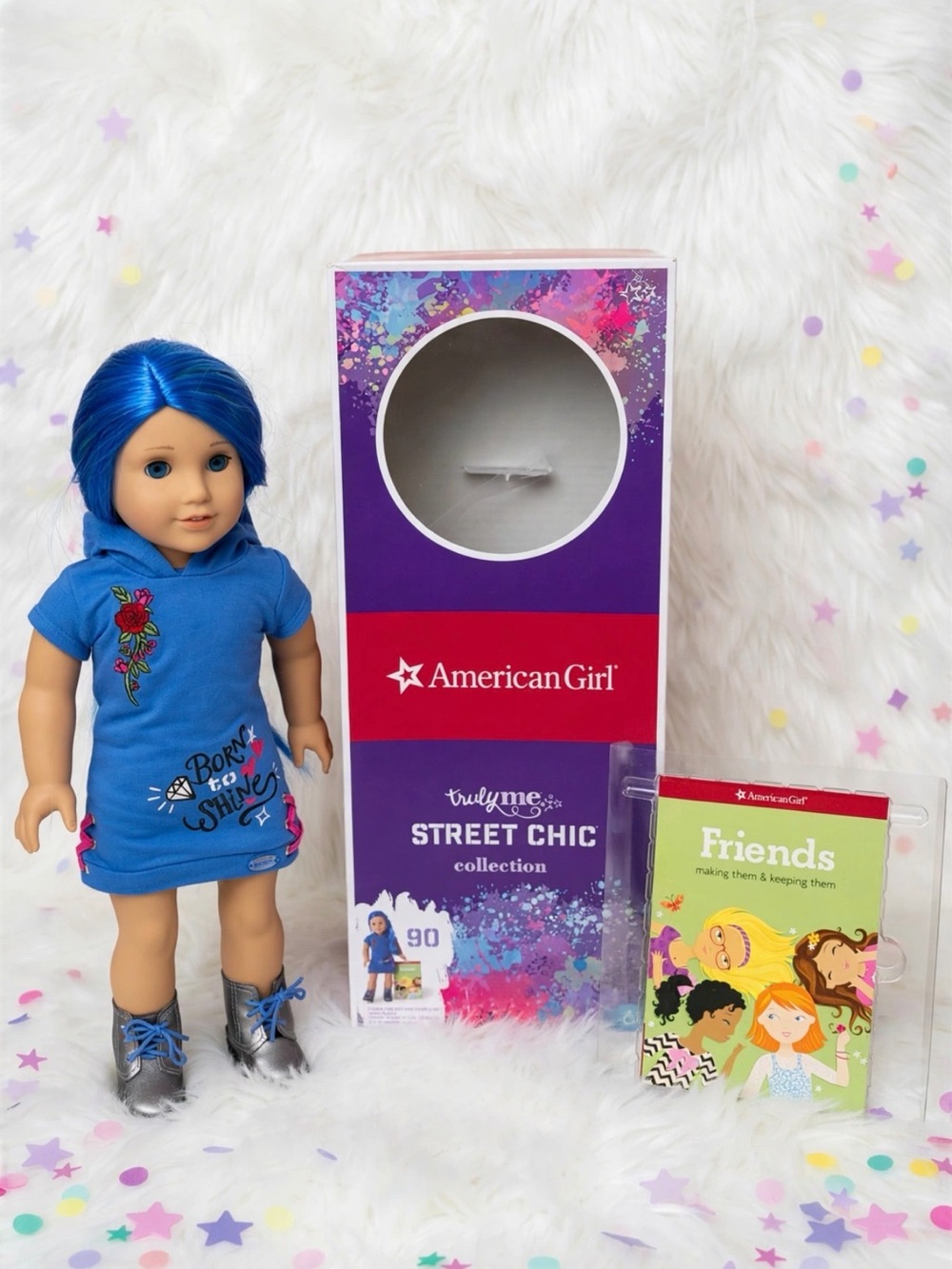 American Girl  #90 Doll with Bright Blue Hair and Blue Embroidered Hoodie Dress